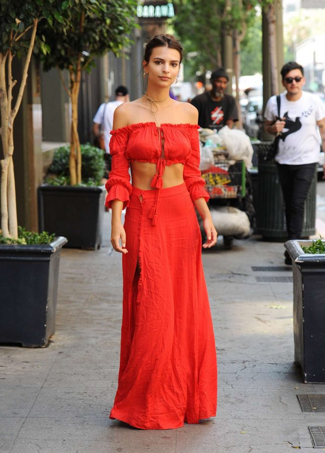 Emily-Ratajkowski-in-Red-Dress-majorelle-aquazzura