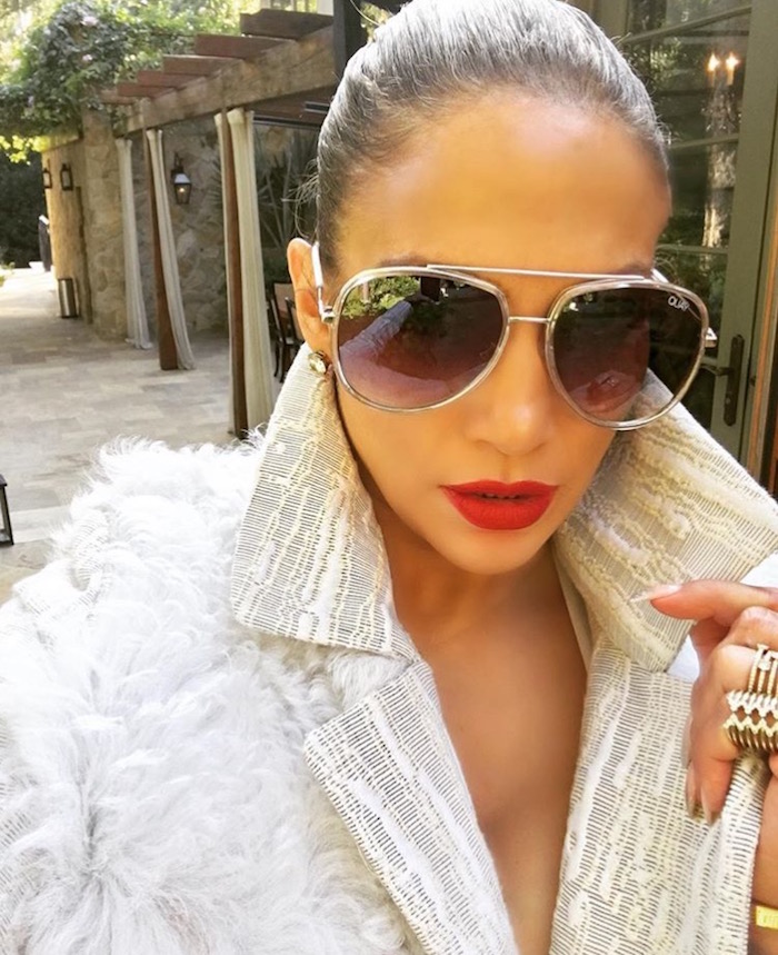 J-lo-instagram-selfie-rd-roth-collection-off-white-textured-fur-trimmed-coat-quay-australia-clear-frame-needing-fame-sunglasses