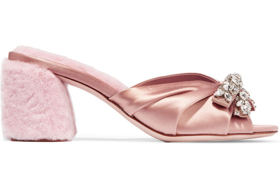 Miu Miu Pre-Fall 2016 Pink Crystal Embellished Satin and Shearling Mules