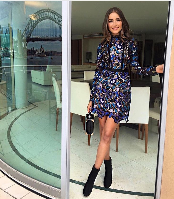Olivia Culpo's Morning Show on 7 Victoria, Victoria Beckham Floral Applique Tailored Black Coat, Self Portrait Mini Dress, Aquatalia Ankle Boot, and Aspinal of London Bag 2