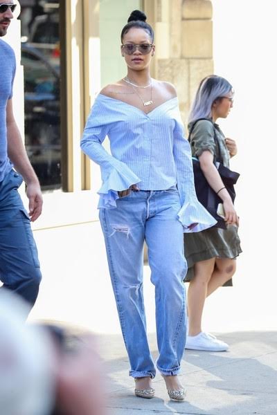 Rihanna-Jacquemus-striped-off-the-shoulder-top-and-rene-Caovilla-embellished-sling-back-pumps-2