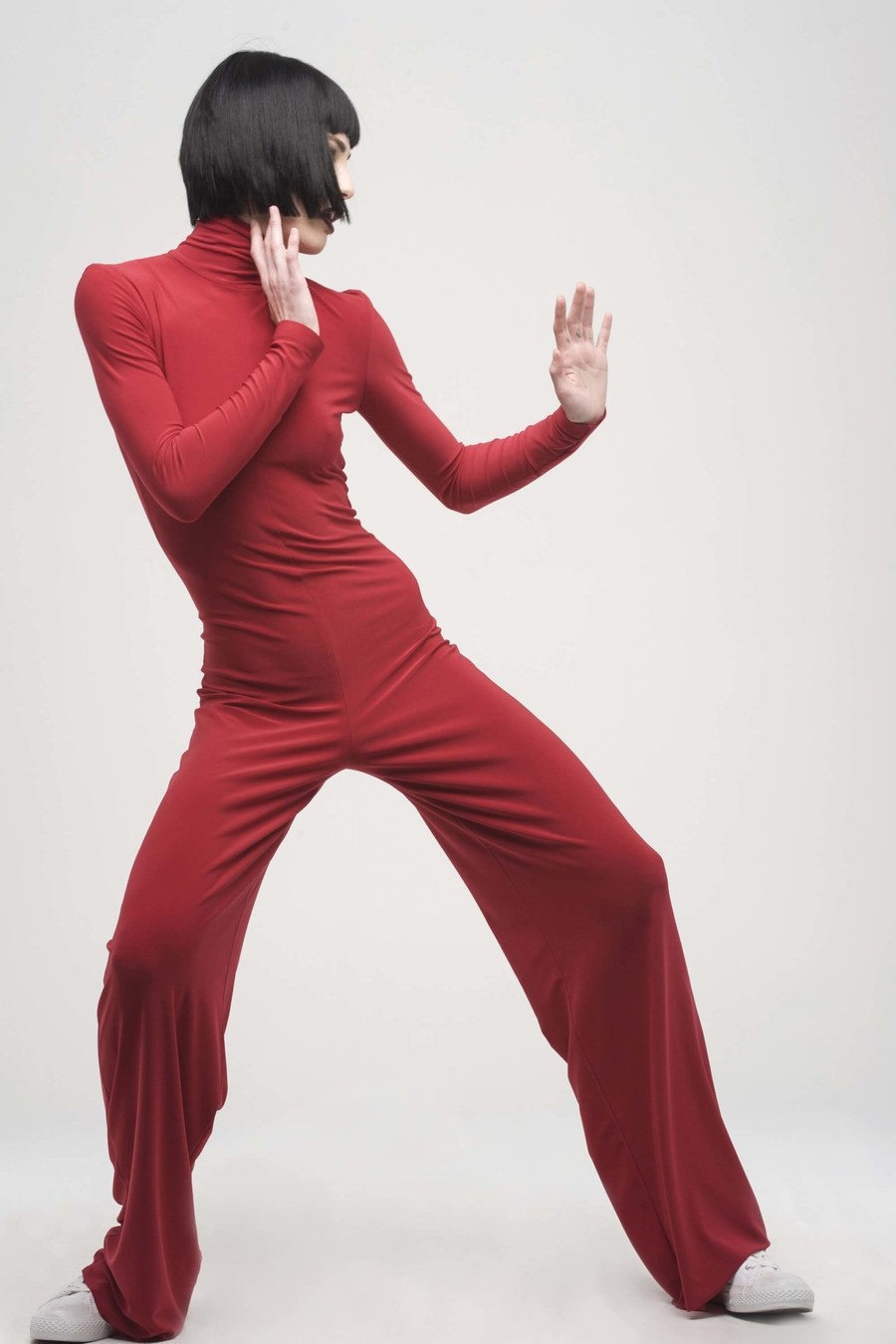 Rita Ora's New York City Norma Kamali Resort 2017 Red Turtleneck Jumpsuit 7