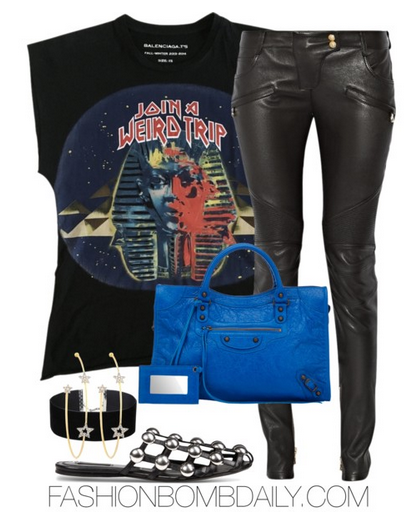 Summer 2016 Style Inspiration Five Fab Ways to Wear Flats Balenciaga T-Shirt Balmain Moto Leather Skinny Pants Alexander Wang Mules Balenciaga Arena Classic City