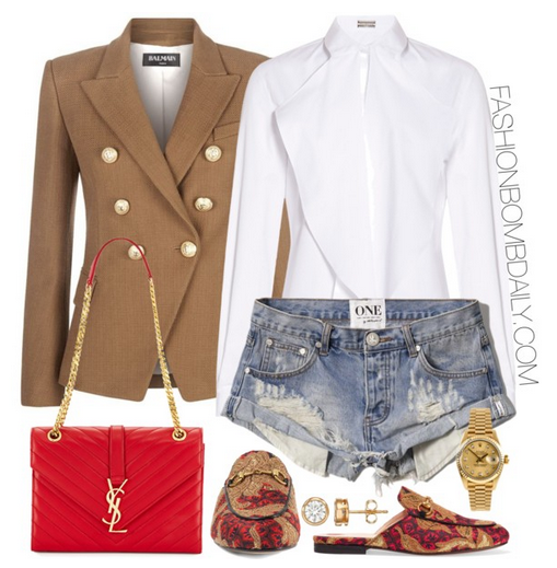 Summer 2016 Style Inspiration Five Fab Ways to Wear Flats Balmain Double-Breasted Blazer Gucci Princetown Jacquard Slippers Saint Laurent Small V-Flap Chain-Strap Shoulder Bag