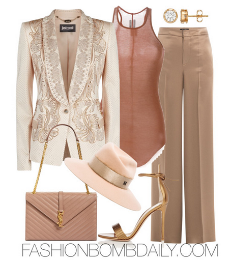 Summer 2016 Style Inspiration What to Wear to Cocktails with Claire Just Cavalli Crystal Embellished Tuxedo Jacket Etro Satin Wide Leg Pants Gianvito Rossi Ankle Tie Sandal