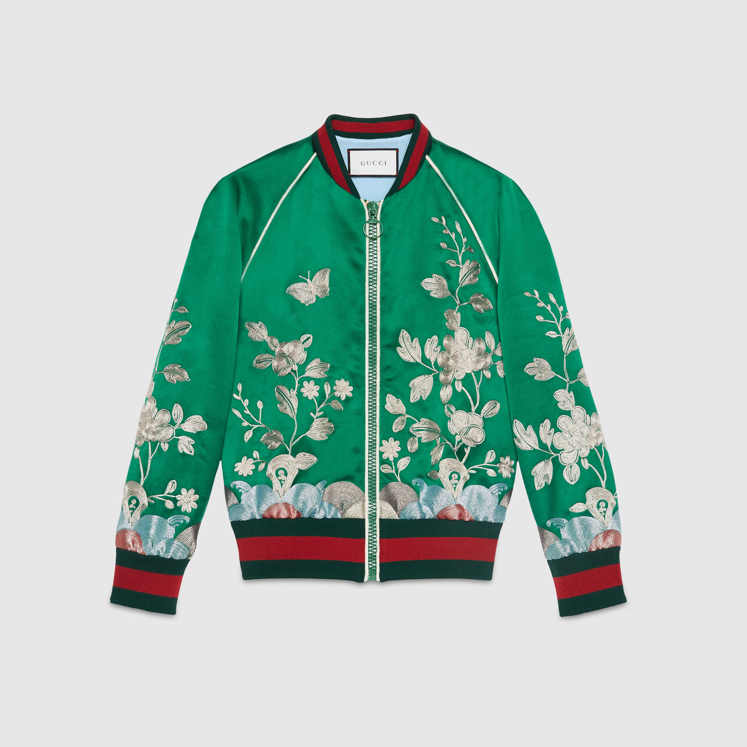 gucci-green-silk-embroidered-duchesse-bomber