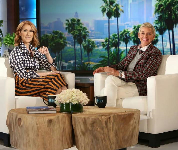 Celine-Dion-Victoria-Beckham-Fall-2016-Gingham-Print-Button-Down-Top-and-High-Waisted-Striped-Midi-Skirt-2