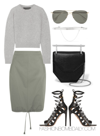 Fall 2016 Style Inspiration 4 Outfit Ideas From Net-A-Porter The Elder Cropped sweater Barbara Casasola Cotton-gabardine pencil skirt Aquazzura Amazon sandals M2Malletier Amor Fati shoulder bag