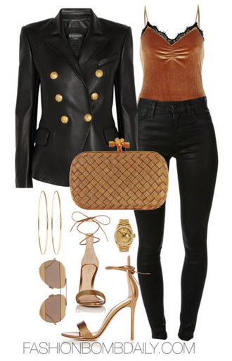 Fall 2016 Style Inspiration 4 Velvet Inspired Outfit Ideas Balmain Double-Breasted Leather Blazer J Brand Maria Skinny Jeans Gianvito Rossi Ankle Tie Sandal Bottega Venetta Knot Clutch