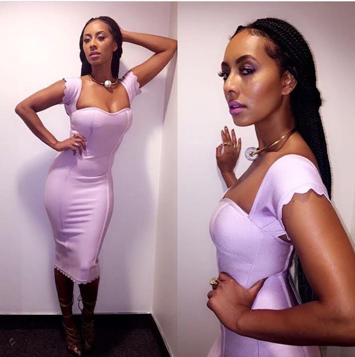 Keri-hilson-house-of-cb-Azahara-Lilac Off-the-Shoulder-Bandage-Dress