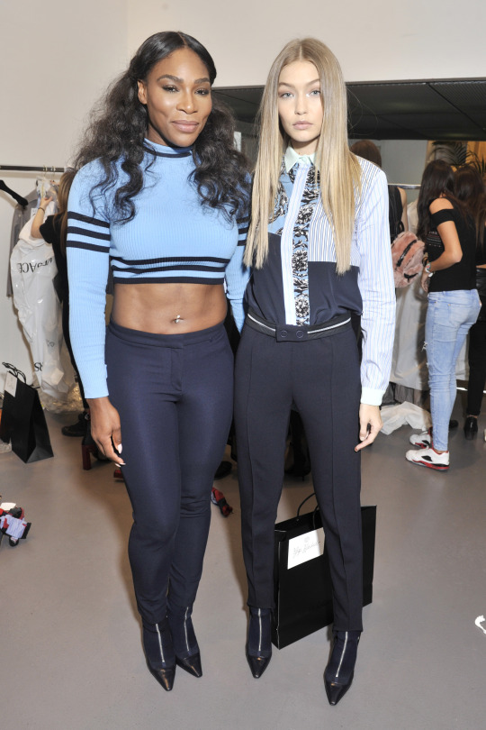 Serena Williams and Bella Hadid Wear Versace Black and Blue High Cropped Top to Versace Spring 2017 Show in Milan
