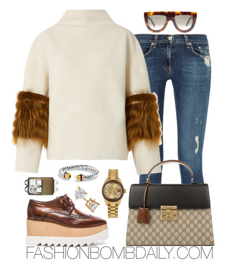 Summer 2016 Style Inspiration 4 Fab Summer to Fall Outfit Saks Potts Vein fox-fur wool sweater Stella McCartney Elyse Platform Brogues Gucci GG Supreme Canvas Padlock Tote