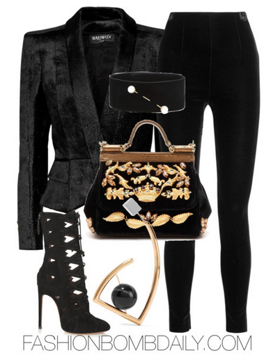 What to Wear to New York Mercedes Benz Fashion Week Balmain Metallic Velvet Jacket Balmain Velvet Leggings Alaia Cutout Booties Dolce & Gabbana Embroidered Sicily Bag