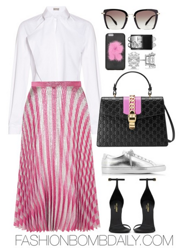 What to Wear to New York Mercedes Benz Fashion Week Gucci Pleated Metallic Striped Midi Skirt Gucci Sylvie Signature Handbag Classic Saint Laurent Jane Sandal