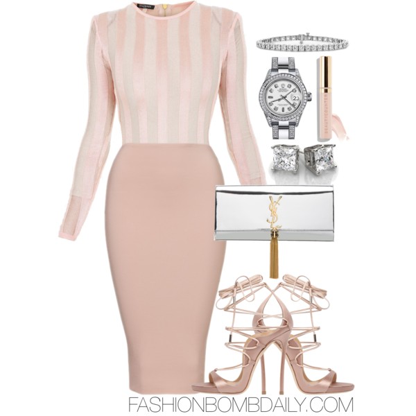 what-to-wear-on-a-girls-trip-to-vegas-balmain-striped-mesh-bodysuit-dsquared2-riri-sandals-saint-laurent-monogram-tassel-clutch