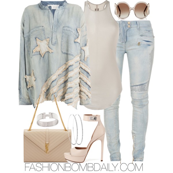 what-to-wear-on-a-girls-trip-to-vegas-faith-connexion-denim-shirt-balmain-jeans-givenchy-shark-lock-sandal-saint-laurent-quilted-bag