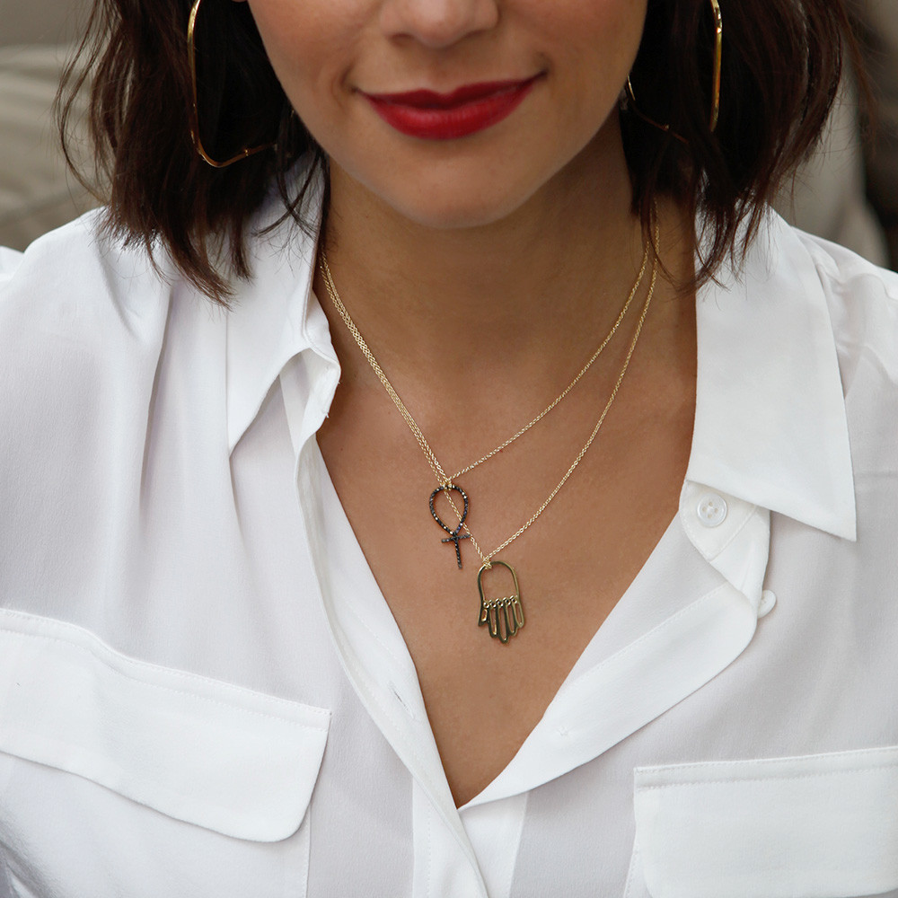 rashida-jones-14k-yellow-gold-vermeil-black-diamond-ankh-pendant-necklace-model-lifestyle-street-style