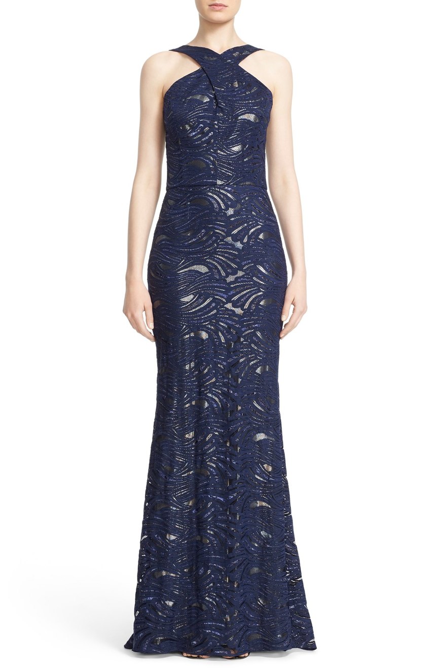 st-john-inc-cross-neck-metallic-fan-lace-gown