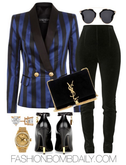 fall-2016-style-inspiration-5-fab-ways-to-wear-stripes-balmain-striped-satin-blazer-balmain-velvet-leggings-tom-ford-embellished-leather-pump-saint-laurent-monogram-suede-shoulder-bag