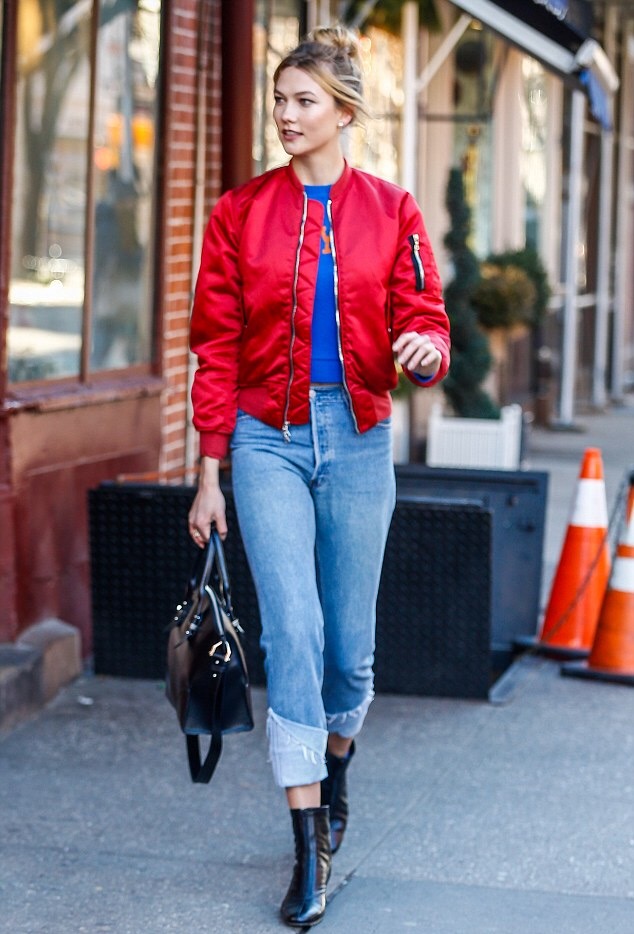 karlie-kloss-nyc-unravel-fwrd-exclusive-red-bomber-jacket-and-by-far-neva-frontal-zip-black-ankle-boots-10
