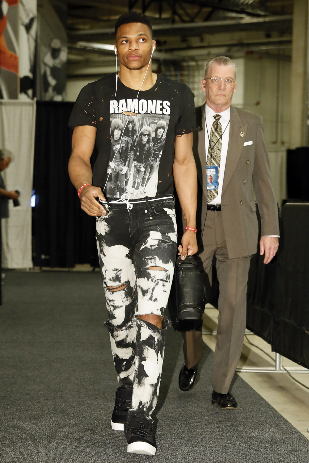 May 2, 2016; San Antonio, TX, USA; Oklahoma City Thunder point guard Russell Westbrook (0) arrives to to the arena before game two of the second round of the NBA Playoffs against the San Antonio Spurs at AT&T Center. Mandatory Credit: Soobum Im-USA TODAY Sports