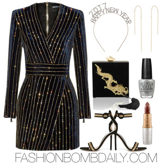 winter-2016-style-inspiration-what-to-wear-for-new-years-eve-balmain-embellished-velvet-mini-dress-gianvito-rossi-portofino-sandal-kotur-fitzgerald-dragon-clutch