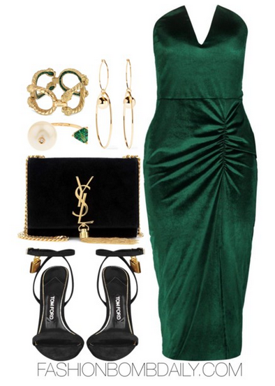winter-2016-style-inspiration-what-to-wear-to-a-christmas-party-boohoo-lottie-velvet-midi-dress-tom-ford-padlock-suede-sandals-saint-laurent-monogram-suede-shoulder-bag