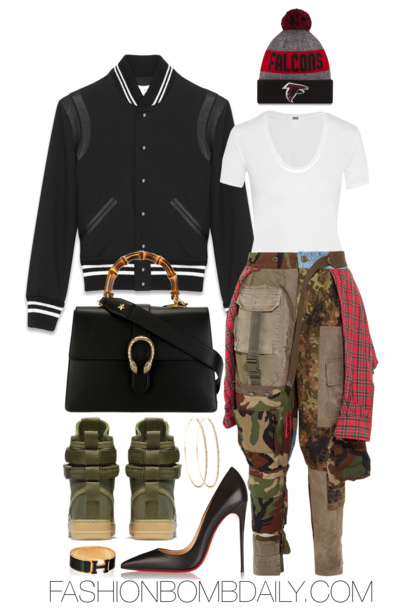 winter-2017-style-inspiration-4-chic-super-bowl-outfit-ideas-saint-laurent-varsity-jacket-ronald-van-der-kemp-patchwork-cargo-pants-nike-field-air-force-1-sneakers-gucci-dionysus-shoulder-bag