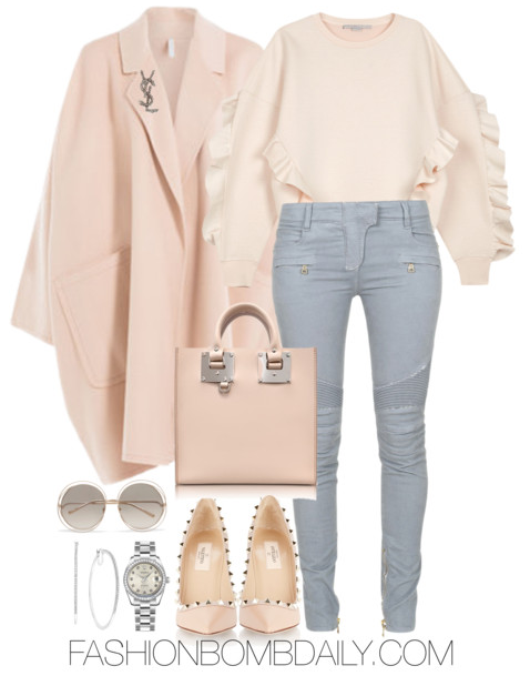 winter-2017-style-inspiration-4-ways-to-rock-statement-sleeves-helmut-lang-wool-coat-stella-mccartney-frill-trimmed-sweatshirt-balmain-biker-jeans-valentino-rockstud-pump