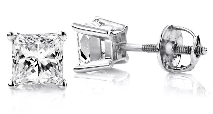 PRINCESS CUT DIAMOND 18K GOLD STUD EARRINGS