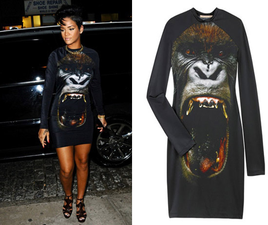 Splurge of the Day : Rihanna’s Christopher Kane Gorilla Mini Dress + Miu Miu Cut out Platform Sandals