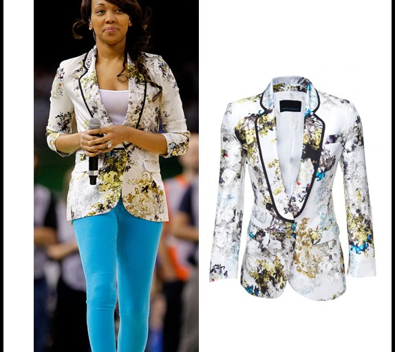 Wardrobe Query: Monica Brown’s New Orleans Wildcats vs. Cardinals National Anthem Performance Cynthia Rowley Liquefied Floral Bouquet Blazer