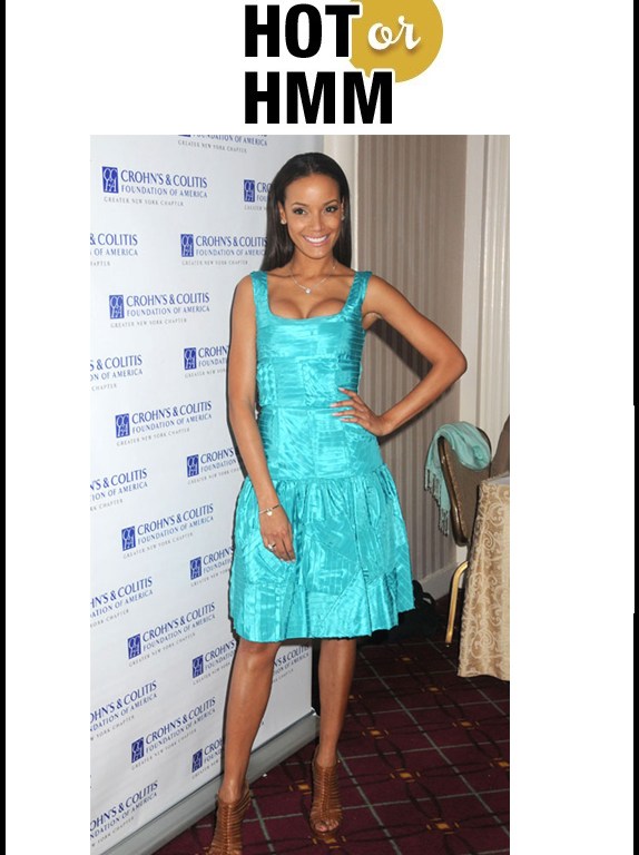 Hot! or Hmm… Selita Ebanks’s Crohn’s & Colitis Foundation Luncheon Turquoise Dress and Alexander McQueen Leather Multi Strand Heels