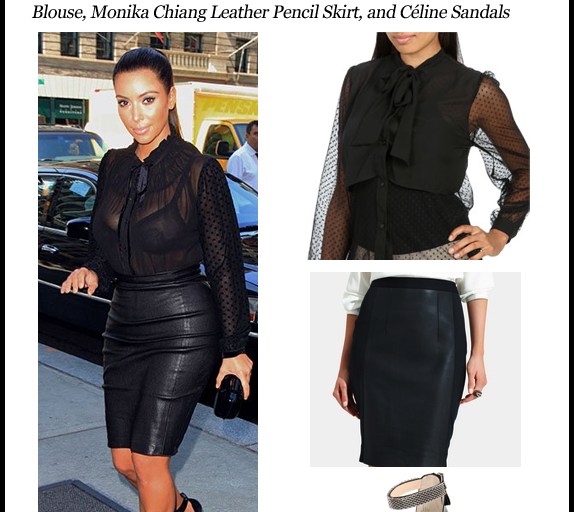 Look for Less: Kim Kardashian’s New York City Kardashian Kollection Sheer Tie Neck Blouse, Monika Chiang Leather Pencil Skirt, and Céline Sandals