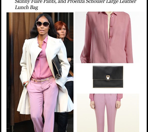 Get the Look: Jada Pinkett Smith’s Trump Soho Gucci Gauze Menswear-Inspired Shirt, Pink Satin Skinny Flare Pants, and Proenza Schouler Large Leather Lunch Bag