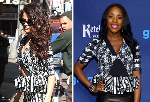Who Wore it Better? Selena Gomez vs. DJ Kiss in Peter Pilotto’s Black and White Lara Crepe and Silk Peplum Top
