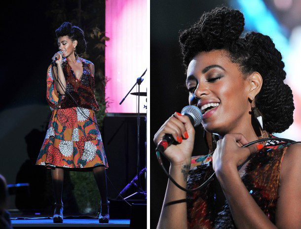 Hot! or Hmm…: Solange Knowles’s Milan Glamour Live Show Marni Spring 2013 Fluo Orange Gabardine Block Flower Print Dress and Polkadot Wedges