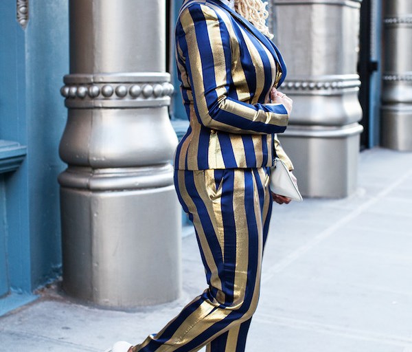 Holiday Style Diary: A Pikolinos Dinner Wearing a Kimberly Goldson Navy and Gold Striped Brooke Tuxedo Suit, Saint Laurent Bone Pumps, and a Miu Miu Clutch