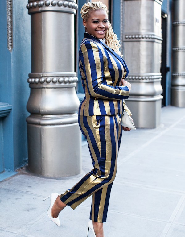 Holiday Style Diary: A Pikolinos Dinner Wearing a Kimberly Goldson Navy and Gold Striped Brooke Tuxedo Suit, Saint Laurent Bone Pumps, and a Miu Miu Clutch