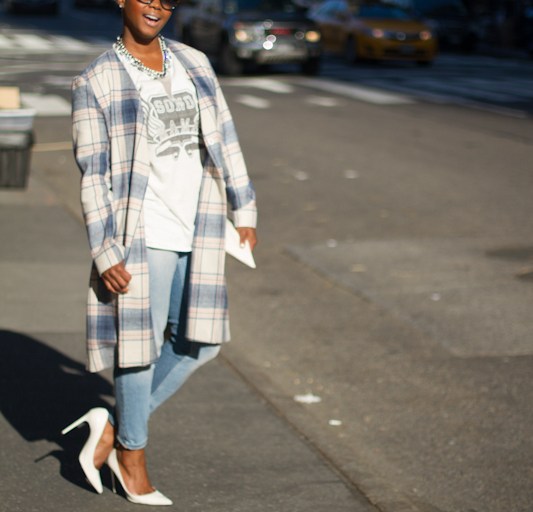 New York Style Diary: A Topshop Check Coat, 3.1 Phillip Lim Sono Mama Embellished Tee, and Zara Jeans