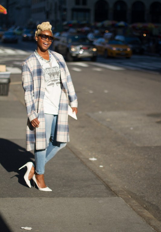 New York Style Diary: A Topshop Check Coat, 3.1 Phillip Lim Sono Mama Embellished Tee, and Zara Jeans