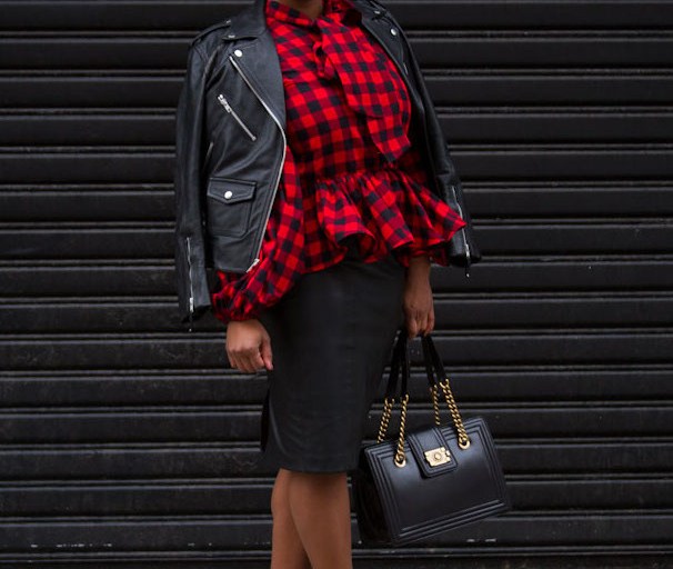 Mercedes Benz Fall 2014 Fashion Week Style Diary Day 3: A Demestiks by Reuben Reuel Naomi Red and Black Checked Shirt, Zara Leather Skirt, and Chanel Boy Tote