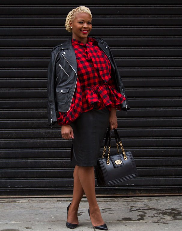 Mercedes Benz Fall 2014 Fashion Week Style Diary Day 3: A Demestiks by Reuben Reuel Naomi Red and Black Checked Shirt, Zara Leather Skirt, and Chanel Boy Tote
