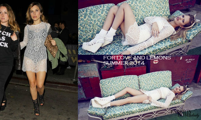 Hot! or Hmm… Sophia Bush’s Warwick Nightclub For Love And Lemons Summer 2014 White Sheer Lace Dress, Rene Caovilla Black Lace Open Toe Booties, and Clare Vivier Leopard Print Clutch