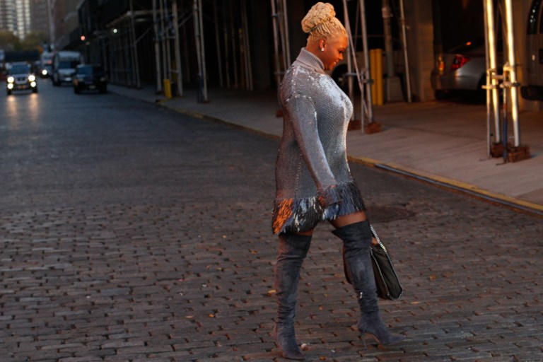 Style Diary: A McQ by Alexander McQueen Gray Paillette Embellished Sweater Dress, Gianvito Rossi Suede Thigh High Boots, and a Stella McCartney Falabella Bag