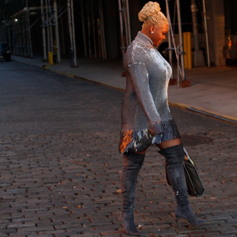 Style Diary: A McQ by Alexander McQueen Gray Paillette Embellished Sweater Dress, Gianvito Rossi Suede Thigh High Boots, and a Stella McCartney Falabella Bag