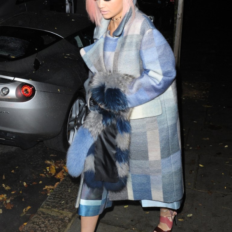 Splurge: Rita Ora’s Westfield Shepherds Bush Christmas Lighting Ceremony Hoshi Blue Check Plaid Coat and Fendi Spring 2014 Burgundy PVC Sandals