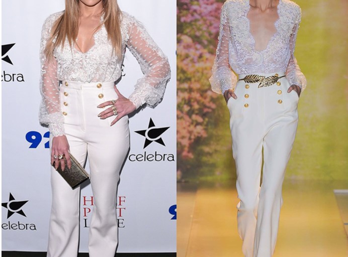 Splurge: Jennifer Lopez’s 92Y Talk Michael Kors Fall 2014 Vanilla Double Breasted Gold Button Coat + Zuhair Murad Spring 2014 Couture White Sheer Blouse and Sailor Pants