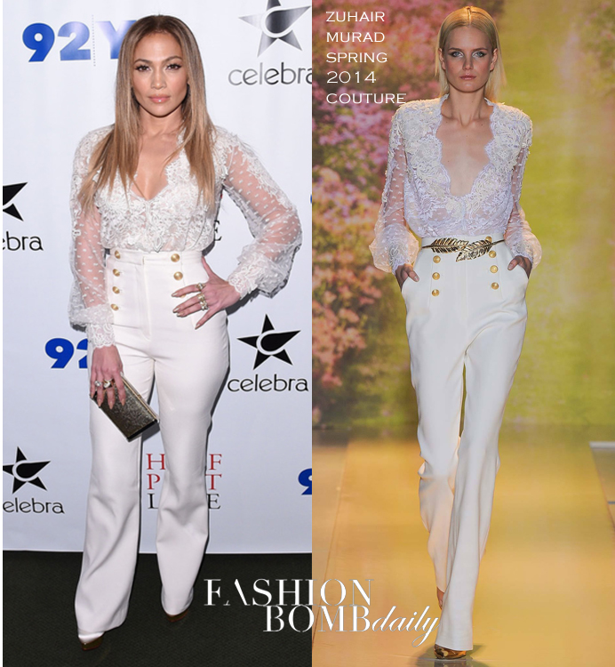 Splurge: Jennifer Lopez’s 92Y Talk Michael Kors Fall 2014 Vanilla Double Breasted Gold Button Coat + Zuhair Murad Spring 2014 Couture White Sheer Blouse and Sailor Pants