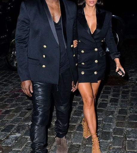 Hot! or Hmm…: Kim Kardashian’s New York City Balmain Double Breasted Dress + Kanye West’s Balmain Gold Buttoned Blazer
